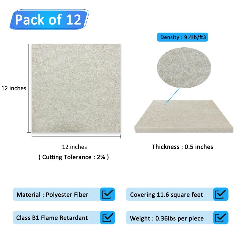 BXI Thickened Sound Absorbing Panels - 12 Pack 12 X 12 X 0.5 Inches Dense Acoustic Panels, Echo Noise Reducing Sound Panels, Tackable Studio Panels for Wall and Ceiling Acoustic Treatment - Image 2